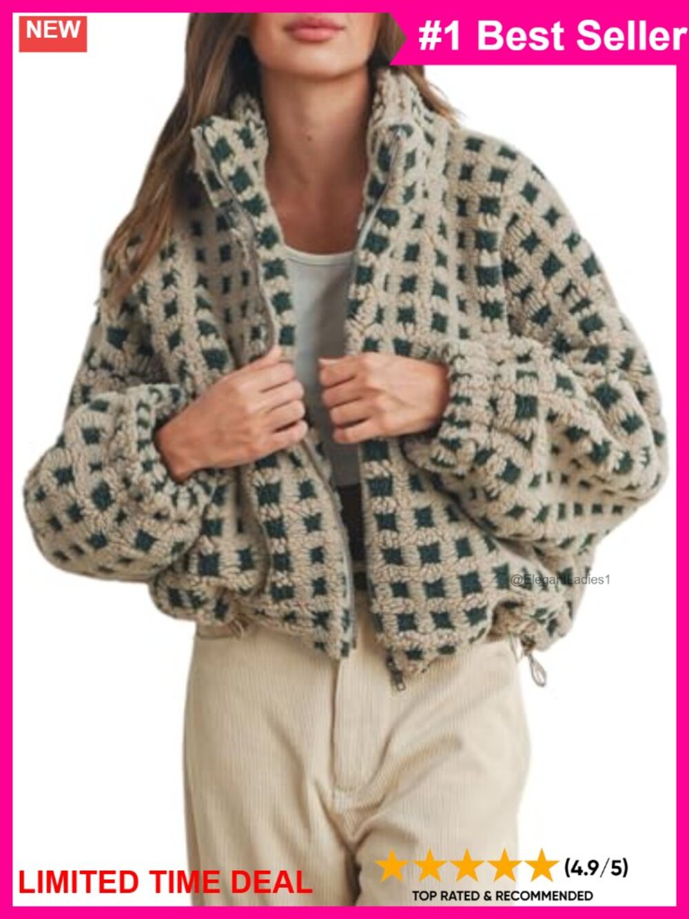 Esmeling Women's Long Sleeve Cropped Sherpa Fleece Plaid Jacket Casual Teddy